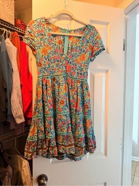 Floral Tiered Short Dress in Teal and Multicolor